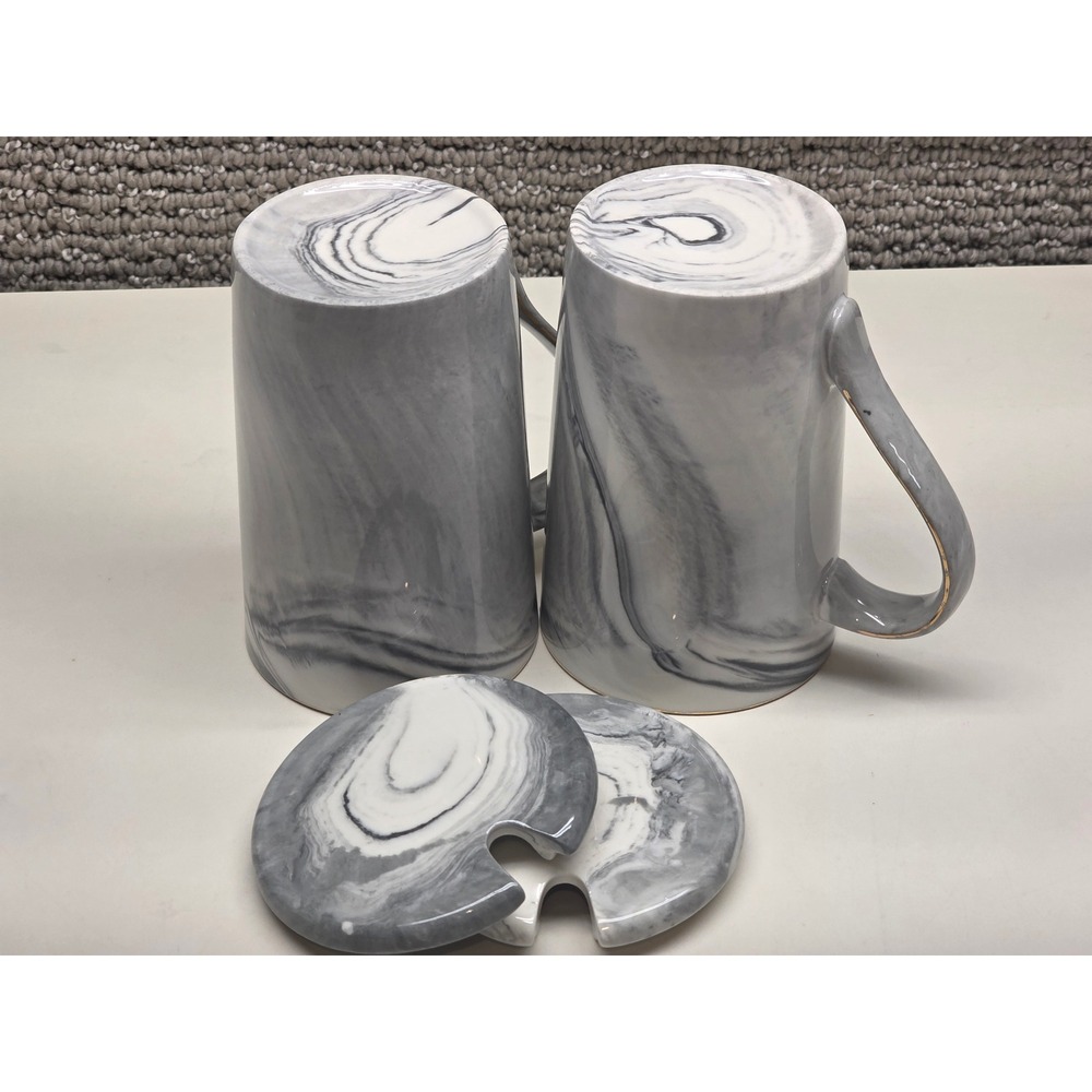 50th Anniversary Mr and Mrs Right Marble Ceramic Mug Set with Lids Grey Gold - Picture 7 of 7